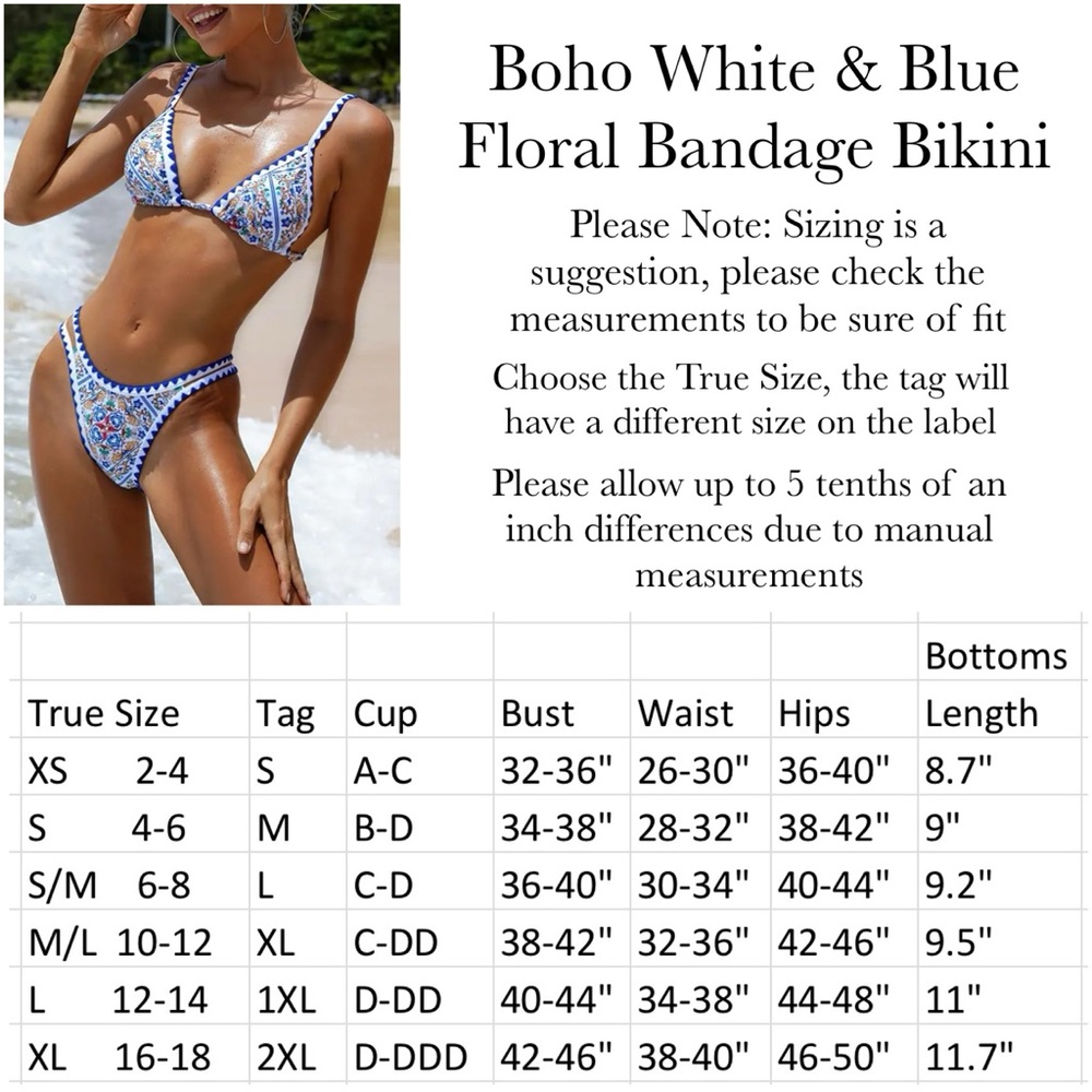 Boho White & Blue Floral Bandage Bikini with Rickrack - Picture 14 of 14